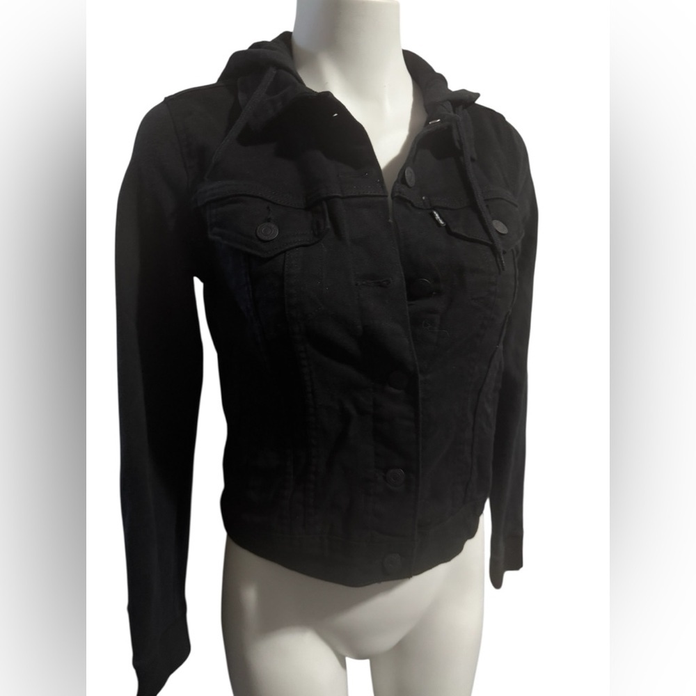 Levi's Black Women's Trucker Jean Jacket, hybrid, sweatshirt sleeves, hoody, XS - Picture 2 of 11